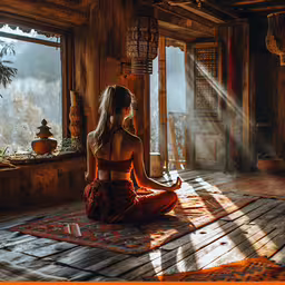 the woman is practicing yoga on a rug in a large room with sun streaming through,woman with long hair in a red gown meditates