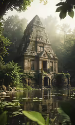 a large castle sitting on top of a lake next to a forest