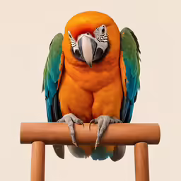 an orange parrot standing on top of a wooden perch
