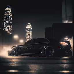a dark car parked in front of a night city