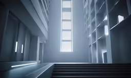 an empty stair case with an open window