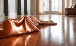 woman laying on the floor under a shiny sheet