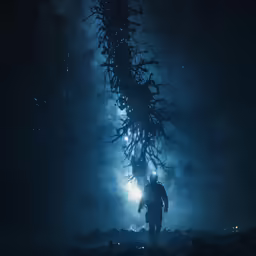 a man walks with his back towards a tree