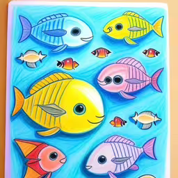 this colorful painting depicts an ocean scene, featuring a small yellow fish and a smaller blue one,some paintings that are on a wall