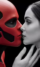 a woman with her face in a red mask