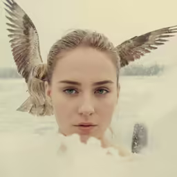 a young woman with an owl on her head