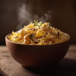 close up of bowl of steaming food on wooden surface