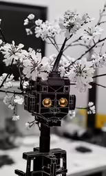 black robot next to a small flower in a glass vase