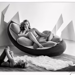 two women laying down in black and white photo