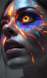 a girl with glowing paint on her face and eyes