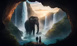 an elephant and two people stand in front of a waterfall