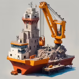 an orange construction vehicle sitting next to a large building