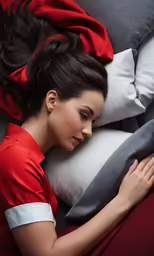 a woman laying on top of a bed next to pillows