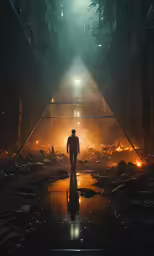 a man standing in an abandoned warehouse surrounded by smoke
