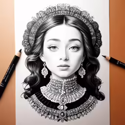 a drawing of a woman with long dark hair and earrings