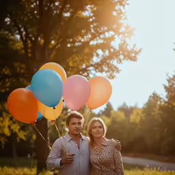 a man and a woman holding balloons in their hands
