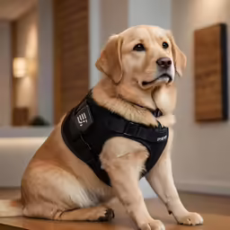 a dog sitting in a living room wearing a vest