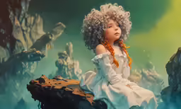 a very cute small girl in a dress and curly hair