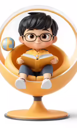 the little boy in the ball chair is reading a book