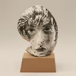 an artistic face sculpture on a brown base