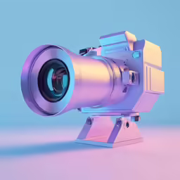 the lens on a small table with a blue and pink background