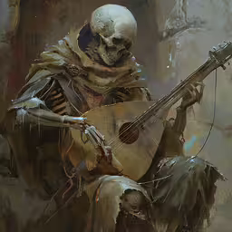 a skeleton playing the guitar for a picture,the skeleton plays his guitar in a ghostly avatar