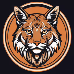 an orange and black image of a lynx,a brown and white tiger face inside a round