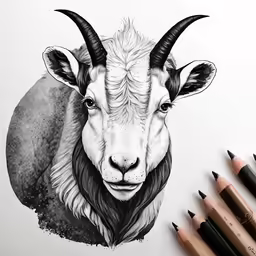 a black and white image of a goat head in ink with colored pencils nearby