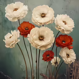 white and red flowers are in a small vase
