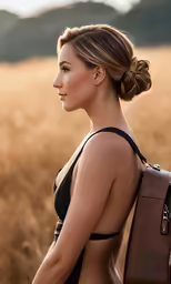a woman with a hairdo and backpack in an open field