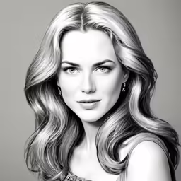 a black and white image of a woman with long hair