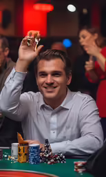 man in business shirt at poker table holding up his cigar