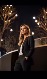 a woman in a black suit stands against some trees