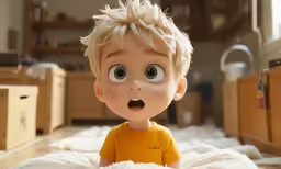 a child with big eyes is in the middle of a room