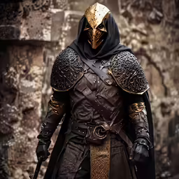 an older man dressed in full armor stands by a castle wall