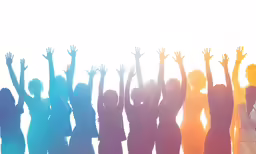 several people who are standing in front of the sun