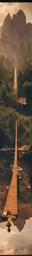 a dock extends out into an expanse of water and stretches toward a large cliff