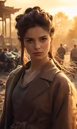 the maze girl poses in a field with people walking