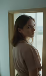 the young lady is looking through the open window