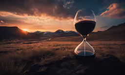 an hourglass sits on a rock as the sun sets