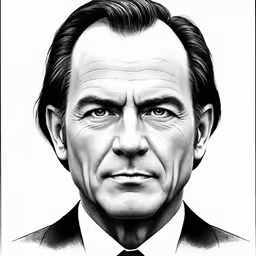 a black and white drawing of an older man with an intense look
