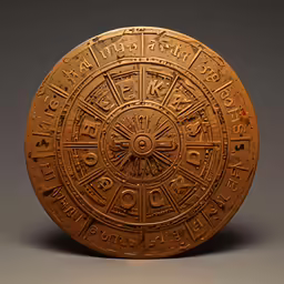 a gold object with a lot of letters and symbols on it