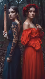 two beautiful women dressed in red and blue with their hands on her sword