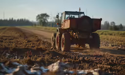 tractor with large wheels on dirt road in open field