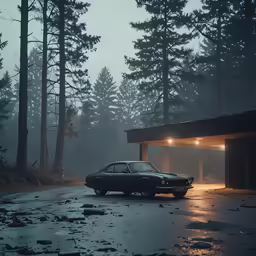 an old car is parked in a dark parking lot