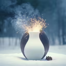 a white vase in the snow with a lite up candle sticking out