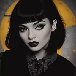 a woman with long dark hair is wearing black lipstick