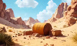 a barrel is lying in the sand among rocks