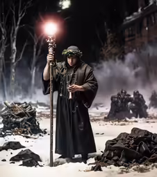 a man dressed in black holding a candle and walking on snow