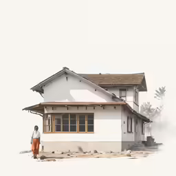 man standing in front of a small white building with large windows